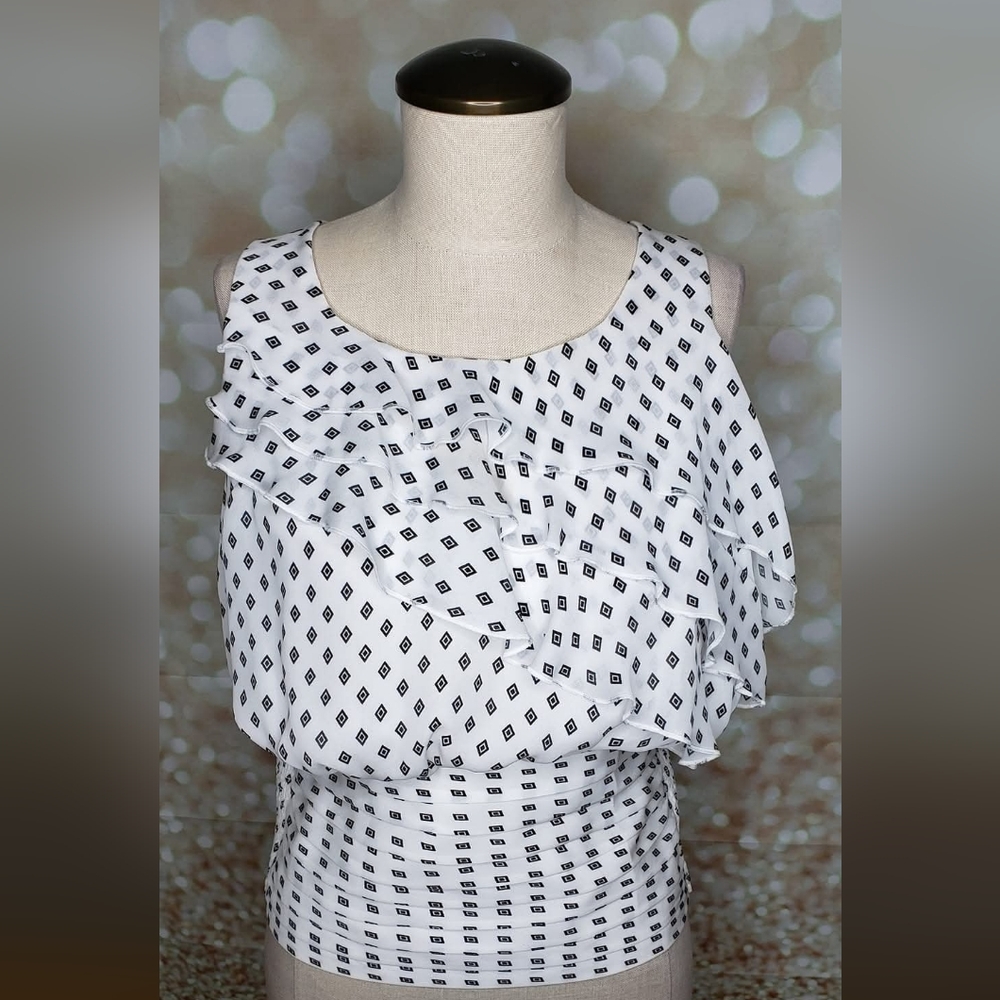 White House Black Market Mini Cool Ruffle Shell Black & White Ruffle Blouse